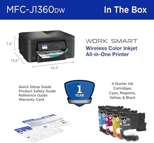 Brother Work Smart 1360 Wireless Color Inkjet All-in-One Printer with Automatic Duplex Printing and 1.8” Color Display | Includes Refresh Subscription Trial(1) (MFC-J1360DW) (Uses LC501 Series Inks) : Office Products - Image 7