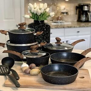 Kitchen Academy Induction Cookware Sets - 12 Piece Cooking Pan Set, Granite Black Nonstick Pots and Pans Set: Home & Kitchen