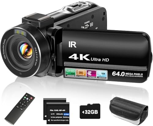 ZYDIIE 4K Video Camera Camcorder UHD 64MP Vlogging Camera for YouTube 18x Digital Zoom 3" 270° Rotation IPS Touchscreen Video Camcorder with Night Vision, Remote Control, 32GB Card, 2 Batteries : Electronics