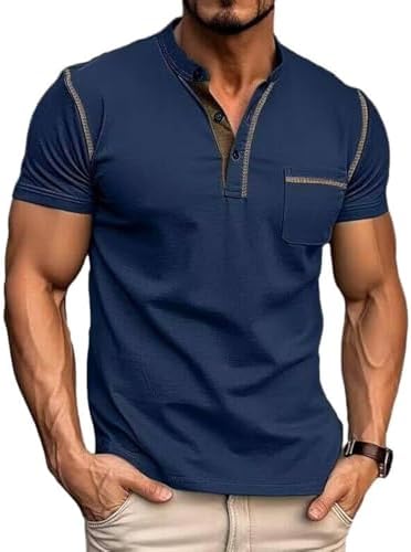 Men's Henley Shirts Short Sleeve Casual Cotton T-Shirt Summer Classic Button Basic Stylish Tees Tops Blue |