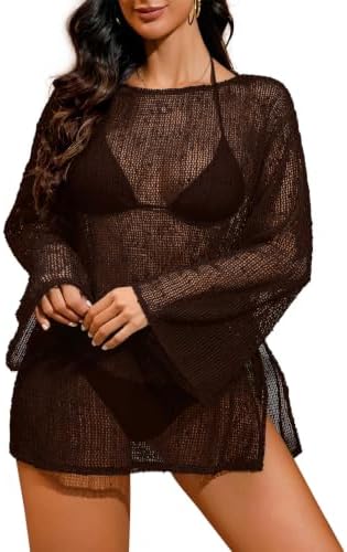 Lilosy Sexy Crochet Sheer Kaftan Caftan Beach Dress Bathing Suit Swim Coverup Summer Vacation Outfits One Piece Women Knit See Through Swimsuit Bikini Swimwear Dark Brown Medium at Amazon Women’s Clothing store