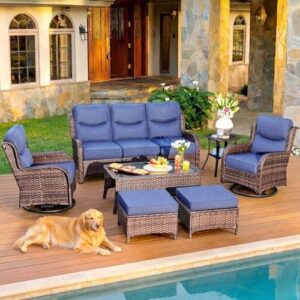 HILLGA 7-Piece Luxury Patio Furniture Set with 6" Thick Cushions, Weather-Resistant Wicker High Back Swivel Rocker Chairs, Senior-Friendly Outdoor Sofa Set for Large Deck, Yard and Poolside, Blue(V2) : Patio, Lawn & Garden