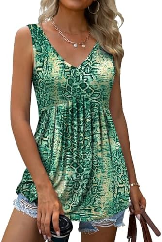 Tencede 2026 Summer Tank Tops for Women Sleeveless V Neck Babydoll Loose Flowy Floral Print Blouse Green Yellow Snake Skin 1XL at Amazon Women’s Clothing store