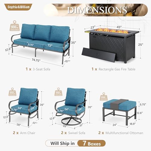 Sophia & William Patio Furniture Sets for 9 with 45" Gas Fire Pit Table Outdoor Conversation Sets, 2xSofa Chairs, 2xSwivel Cushion Chairs, 1x3-Seat Sofa, 2xOttomans for Porch Poolside Peacock Blue : Patio, Lawn & Garden - Image 2