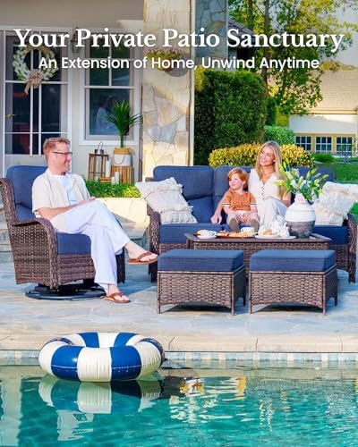 HILLGA 7-Piece Luxury Patio Furniture Set with 6" Thick Cushions, Weather-Resistant Wicker High Back Swivel Rocker Chairs, Senior-Friendly Outdoor Sofa Set for Large Deck, Yard and Poolside, Blue(V2) : Patio, Lawn & Garden - Image 4