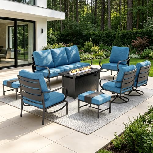 Sophia & William Patio Furniture Sets for 9 with 45" Gas Fire Pit Table Outdoor Conversation Sets, 2xSofa Chairs, 2xSwivel Cushion Chairs, 1x3-Seat Sofa, 2xOttomans for Porch Poolside Peacock Blue : Patio, Lawn & Garden