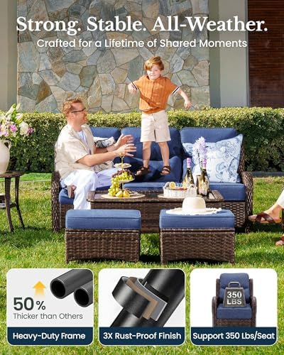 HILLGA 7-Piece Luxury Patio Furniture Set with 6" Thick Cushions, Weather-Resistant Wicker High Back Swivel Rocker Chairs, Senior-Friendly Outdoor Sofa Set for Large Deck, Yard and Poolside, Blue(V2) : Patio, Lawn & Garden - Image 6