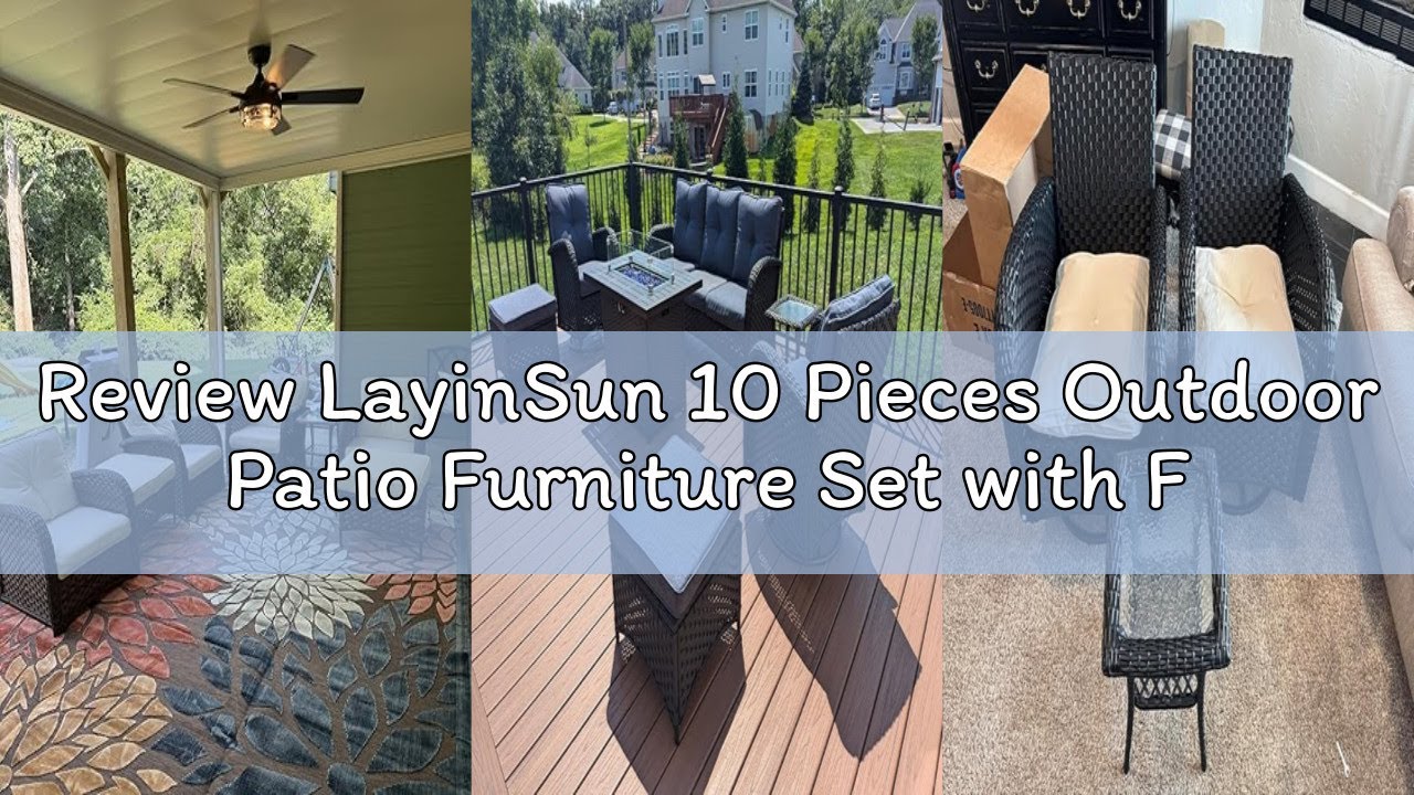 Review LayinSun 10 Pieces Outdoor Patio Furniture Set with Fire Pit Table, Rattan Wicker Sectional S