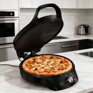 Dual-Size Indoor Electric Grill & Pizza Maker Set: 12-inch Smokeless Grill with Timer + 8.5-inch Nonstick Griddle, 180° Reversible for BBQ, Steak, Quesadilla, Sandwich, Perfect Holiday Gift