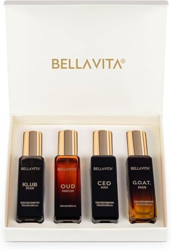 Bella Vita Organic Man Luxury Perfume Gift Set 4x20 ML for Men with Dominus, Oud, CEO, Impact Perfume|Woody, Citrusy Long Lasting EDP & EDC Fragrance Scent |80 ML | Long-lasting men's perfume gift set with CEO Man, G.O.A.T., KLUB & OUD Eau de Parfum for every occasion. : Beauty & Personal Care