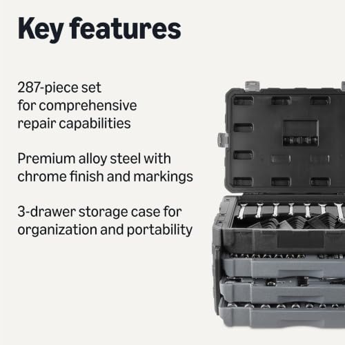Amazon Basics 287-Piece Mechanic Socket Set with Quick-Release Ratchets, Wrenches, Bits, 1/4" 3/8" 1/2", Metric and SAE, 3-Drawer Case, for Auto and Machine Repairs - - Image 2