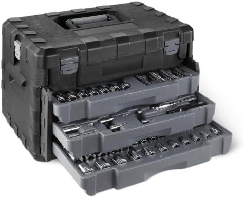 Amazon Basics 287-Piece Mechanic Socket Set with Quick-Release Ratchets, Wrenches, Bits, 1/4" 3/8" 1/2", Metric and SAE, 3-Drawer Case, for Auto and Machine Repairs -